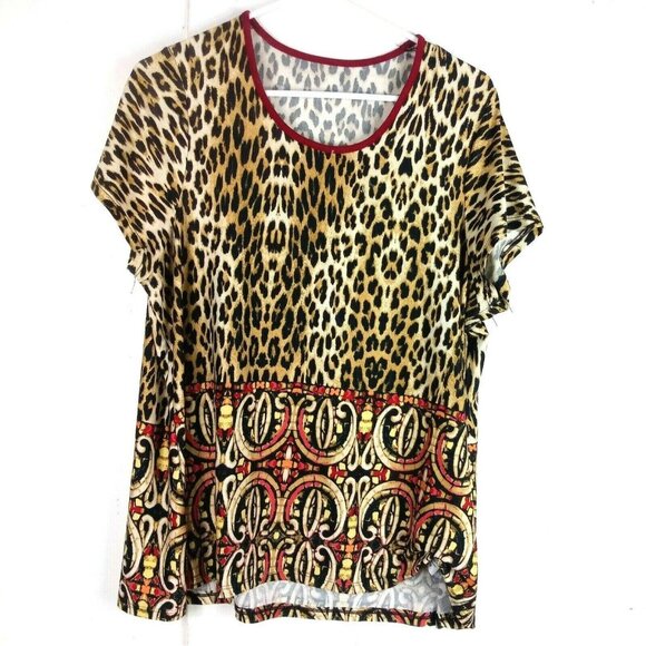 Vintage HLM Leopard Mixed Print Short Sleeve Top 2XL - Picture 1 of 4